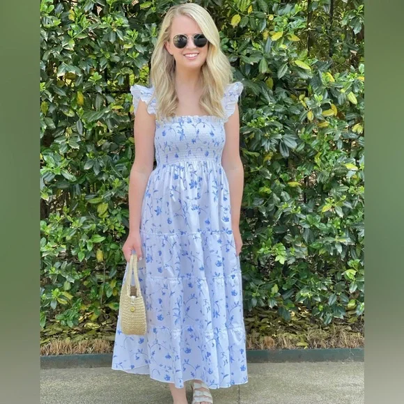 Hill House White Ellie Nap Dress Blue Botanica Smock Floral grad bump friendly - Picture 6 of 16